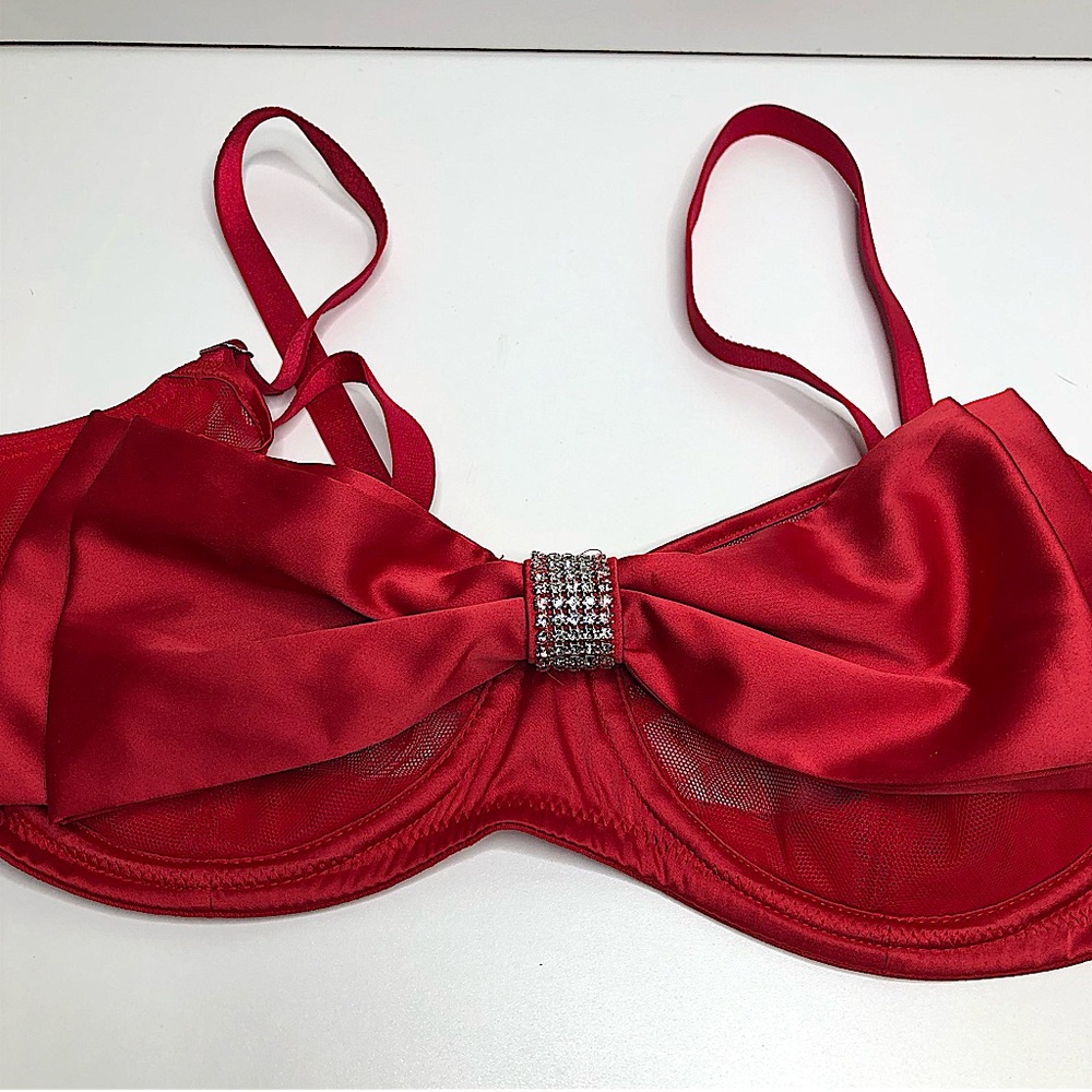🇺🇸 Victoria Secret Red Underwire Bra with Sexy Bow and Rhinestones, Size 36D